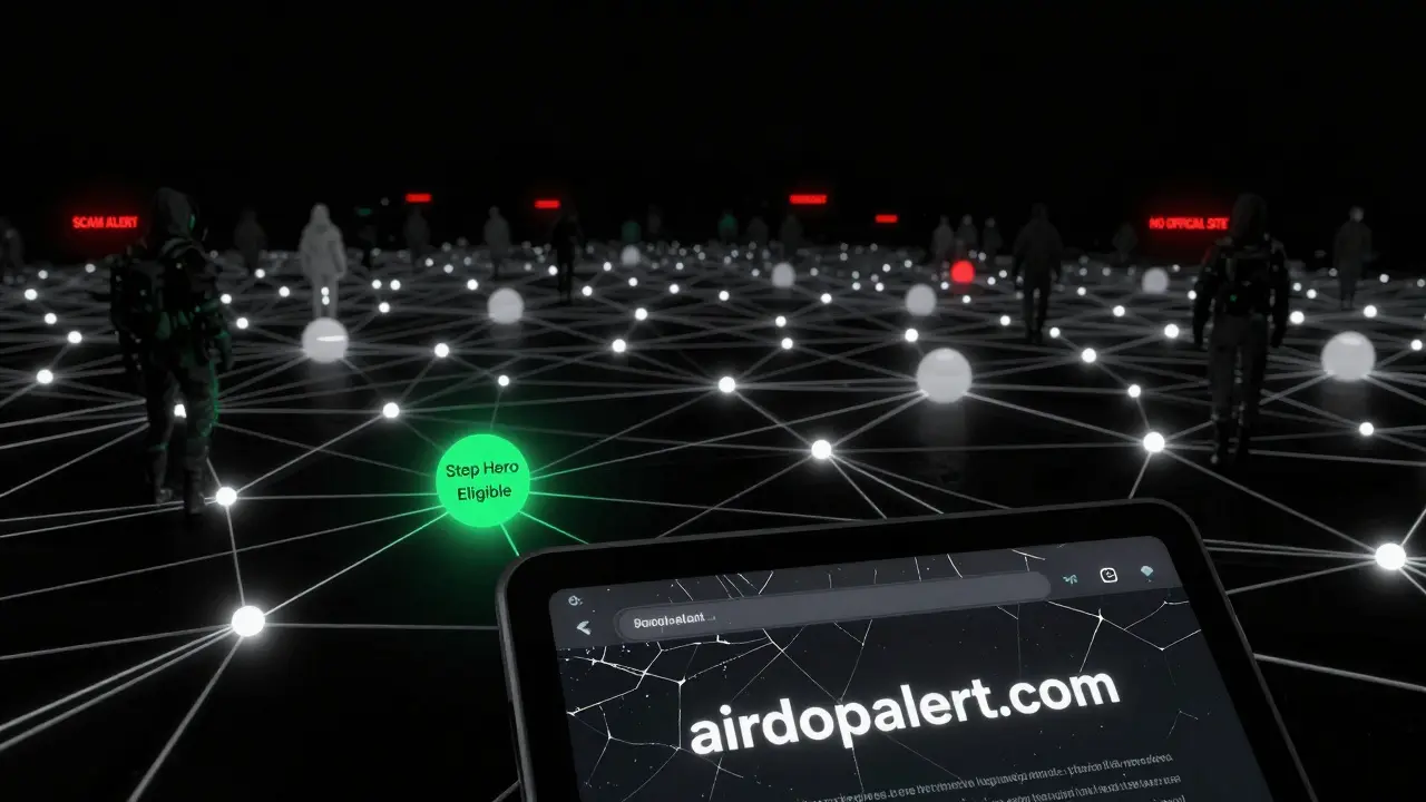 A glowing network of wallet nodes with one eligible node in green, surrounded by scam warnings in a dark digital void.