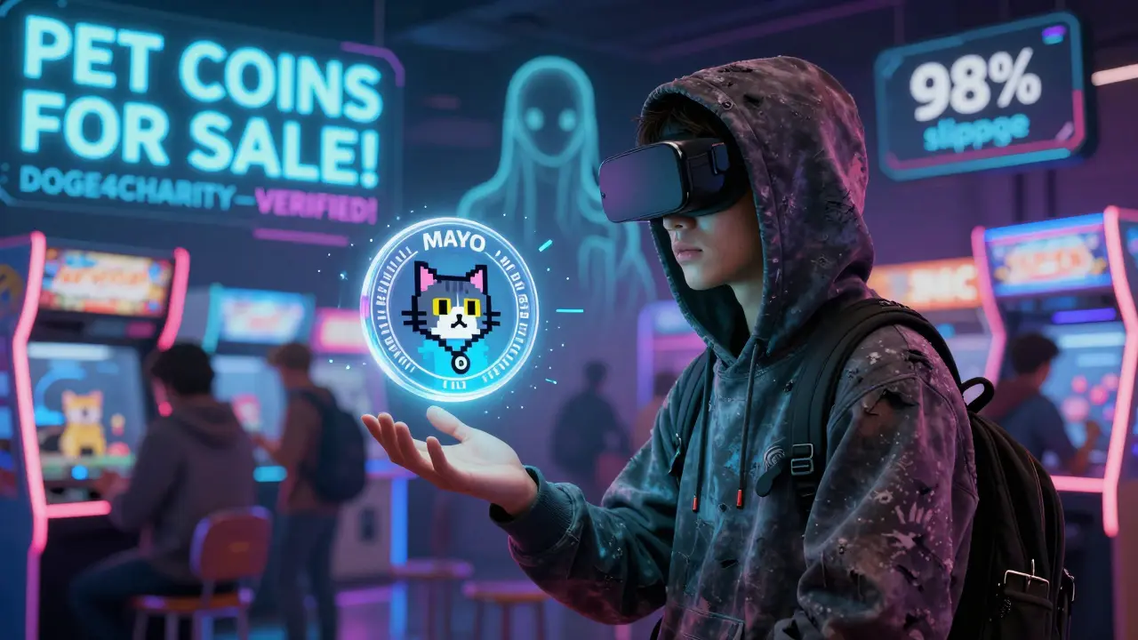 A lone trader in a VR arcade gazes at a pixelated MAYO cat NFT while slippage warnings flash around them.