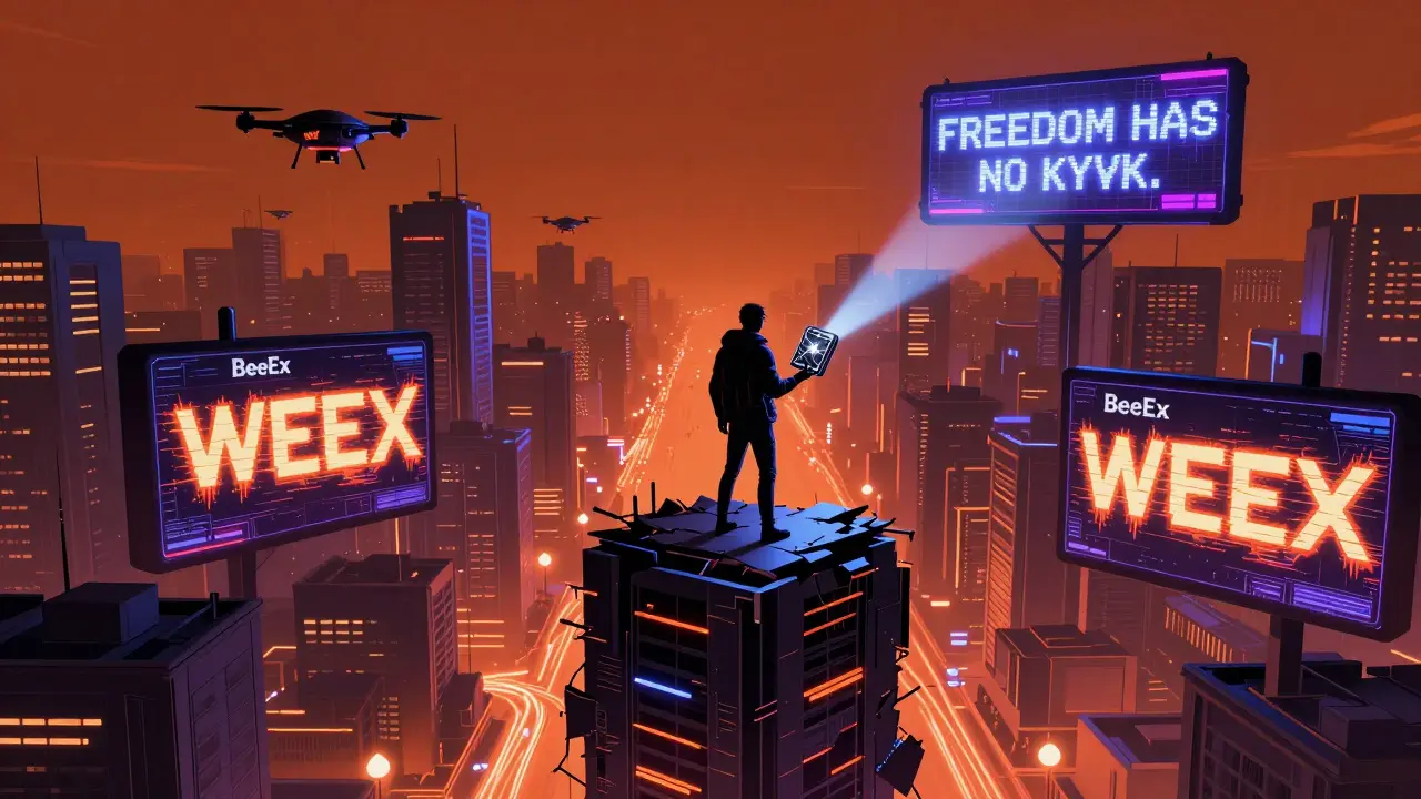 A lone trader on a data tower watches WEEX code overwrite BeeEx across a cybercity skyline.