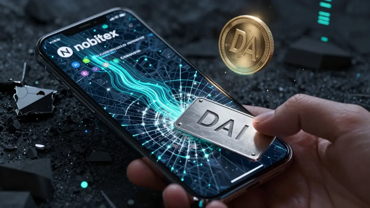 A metal seed phrase plate reflected on a phone screen showing Polygon transactions, with a destroyed exchange logo nearby.