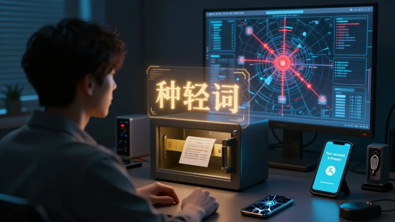 A seed phrase stored on paper in a safe, while fake crypto support messages float around a person in a high-tech room.