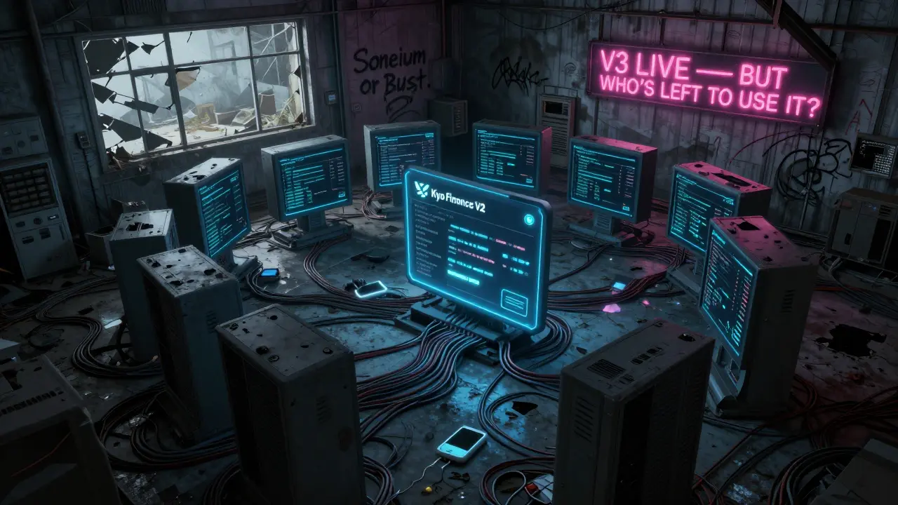 Abandoned crypto terminal with frozen Kyo Finance V2 interface and glowing MetaMask wallet.