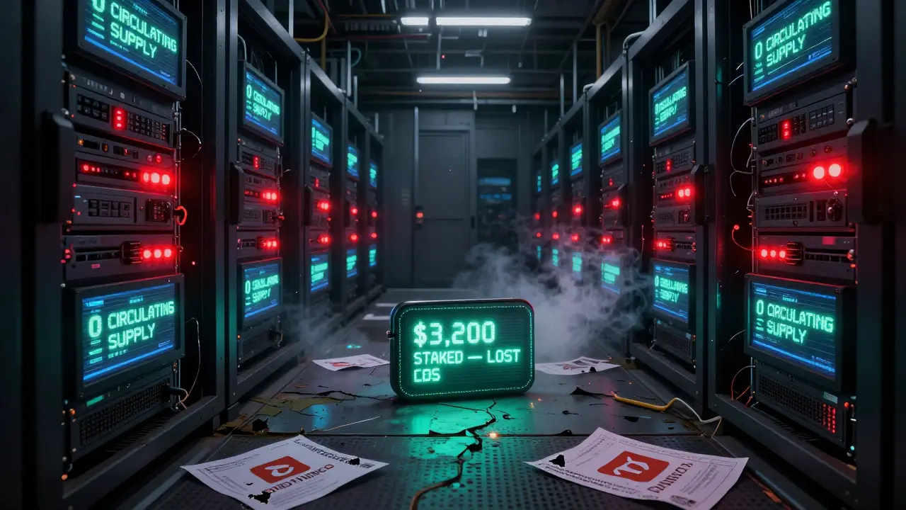 Abandoned server farm with dead blockchain screens showing zero token supply and a lost wallet address.