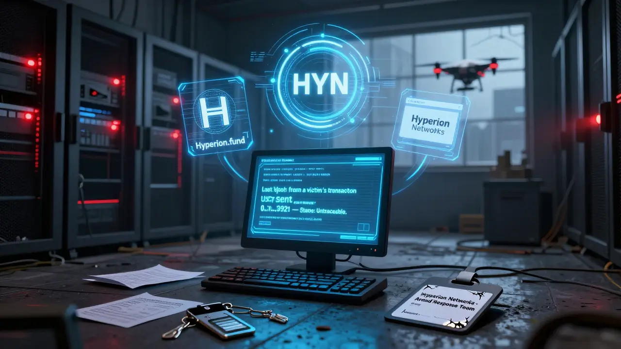 An abandoned server room with a failed transaction log, surrounded by glowing logos of real Hyperion entities.