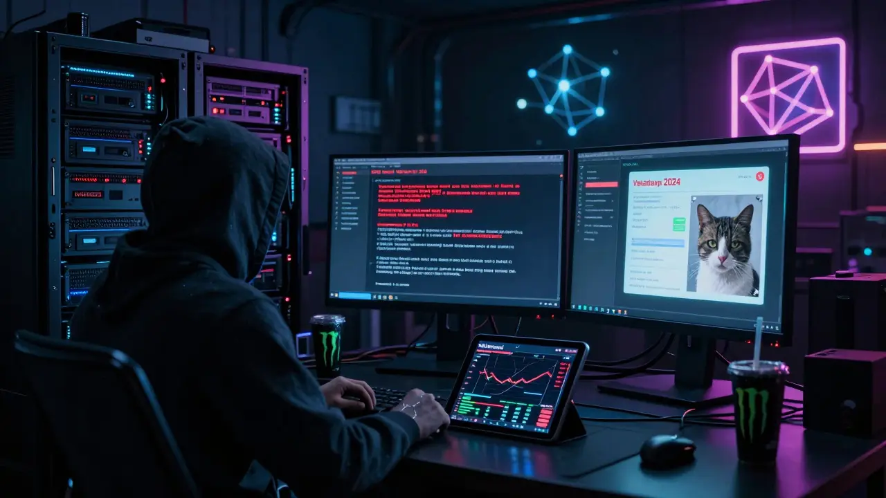 An anonymous hacker in a dim server room stares at a MAYO token contract with unrenounced ownership flags.