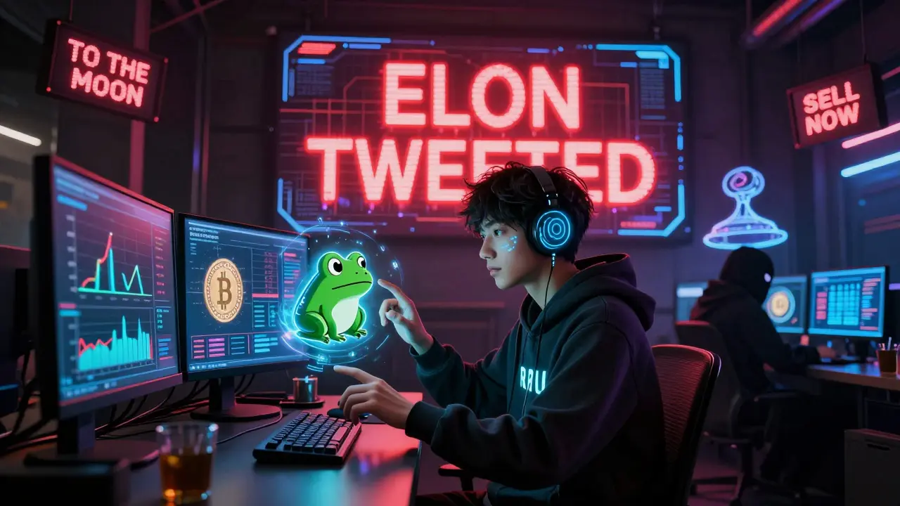 An underground trading den with holographic memecoin charts, a trader using a neural interface, and a 'RUG PULL' warning glowing in red.