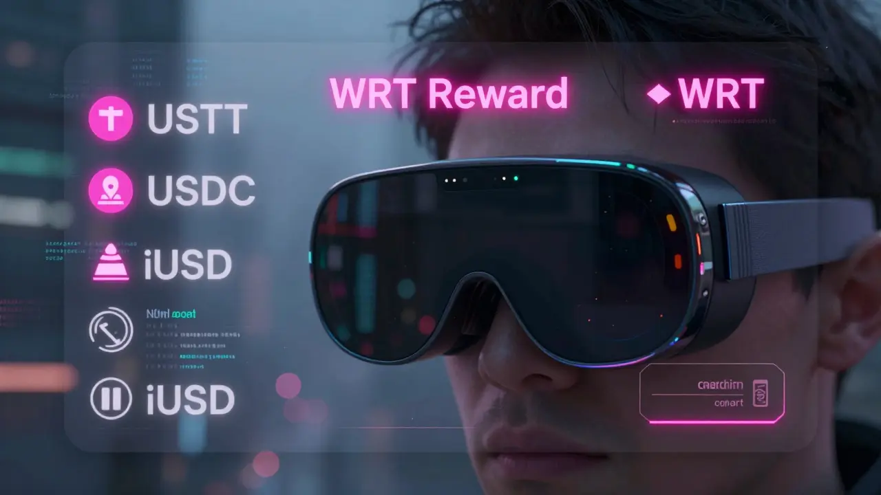 AR mobile dashboard displaying stablecoin swaps and WRT rewards on a Cardano blockchain.