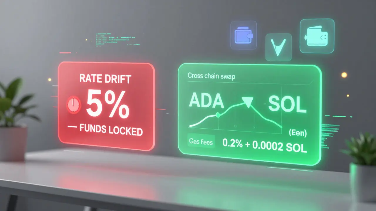 Augmented reality interface showing a failed centralized exchange with rate drift vs. a transparent decentralized swap with fee details.