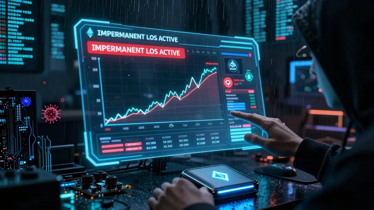 Augmented reality wallet interface showing impermanent loss warning and scam tokens