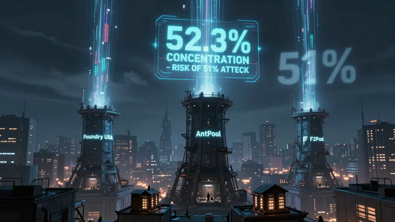 City skyline dominated by three mining pool towers with a 51% attack warning hologram