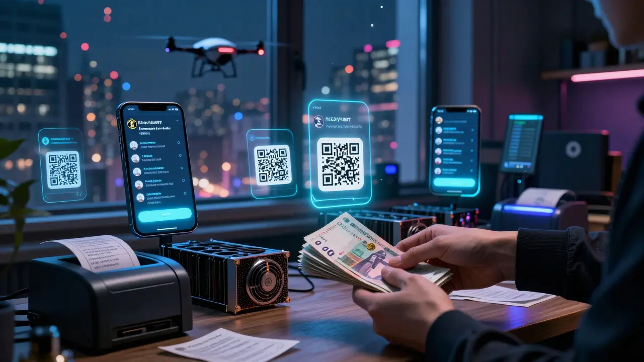 Clandestine Telegram crypto trade in apartment with AR QR codes and mining rigs under dim light.