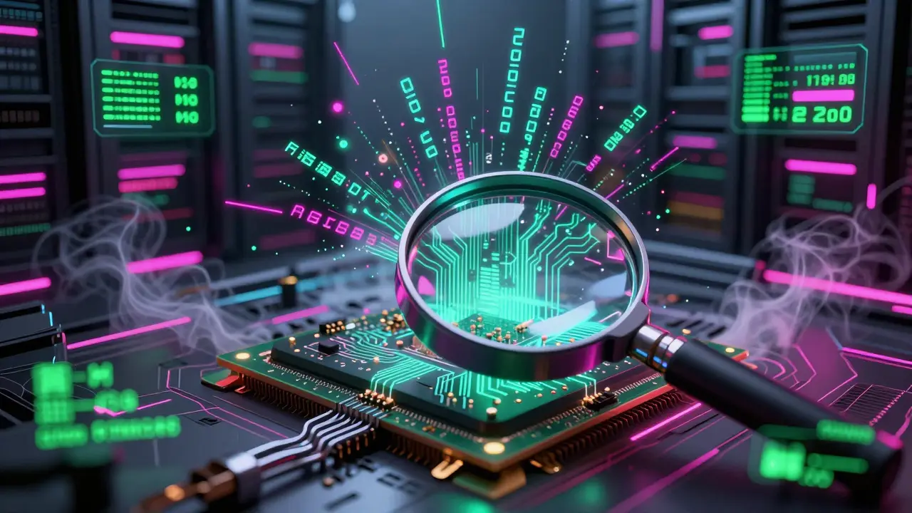 Close-up of an overheating ASIC chip with digital hash particles and neon error warnings