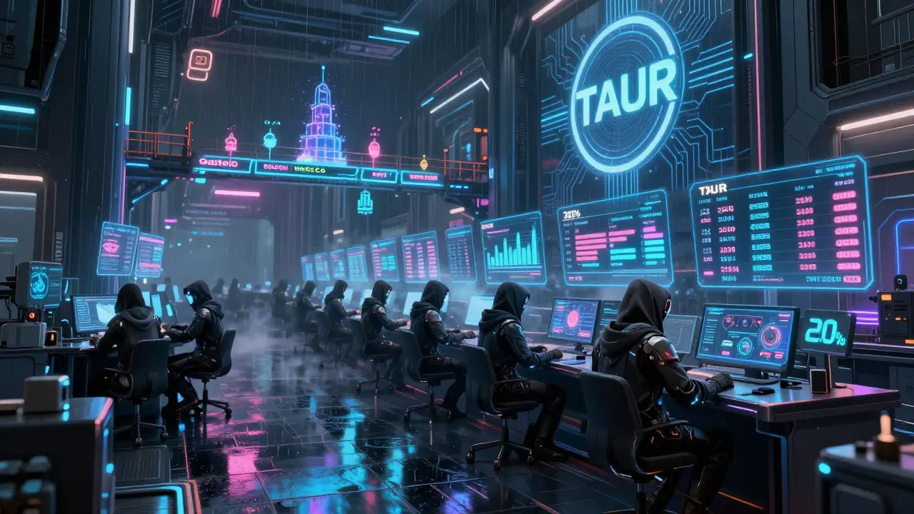 Cyberpunk traders monitor TAUR token prices and profit shares in a multi-chain DeFi hub with glowing holograms.