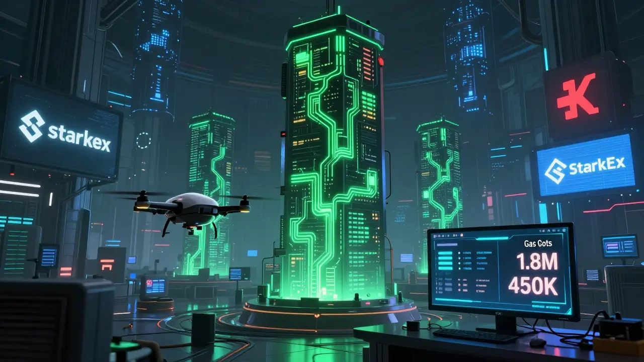 Cyberpunk trading floor with massive zk-STARK verification engines processing NFT batches, gas costs displayed on monitors.