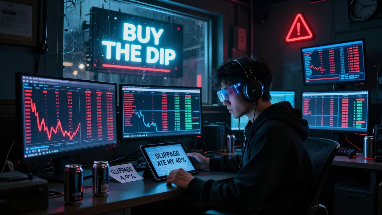 Dark crypto room with conflicting GOBL price screens and a weary trader surrounded by empty cans.