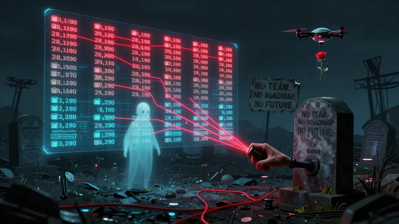 Digital graveyard with GOBL contract tombstone and fading wallet icons under red warning lights.