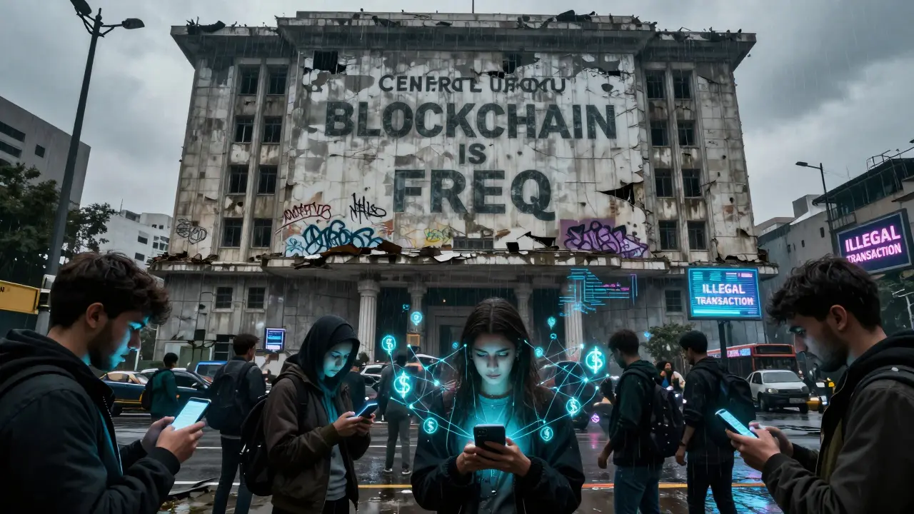 Faded Central Bank building with cyberpunk graffiti, young people sending crypto via phones in rainy city street.