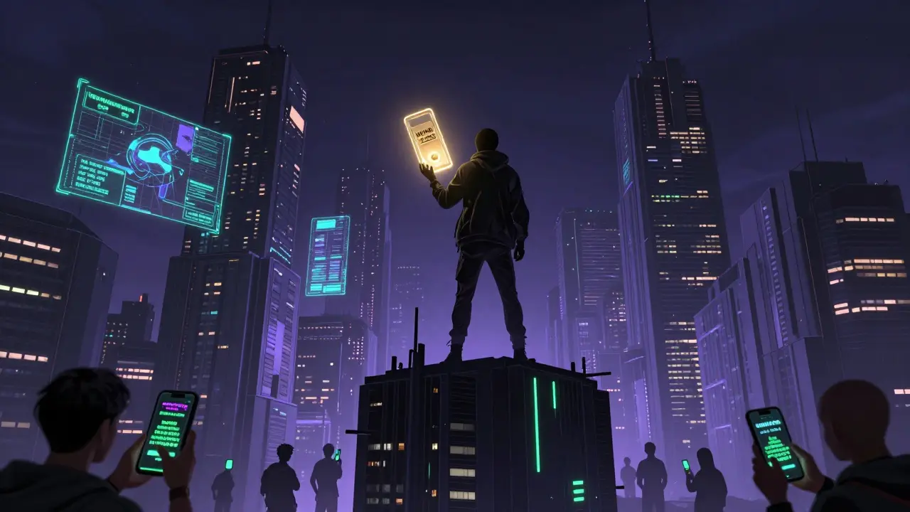 Figure on skyscraper holding WINR token as cybercity glows behind them, contrasting real and fake airdrops.