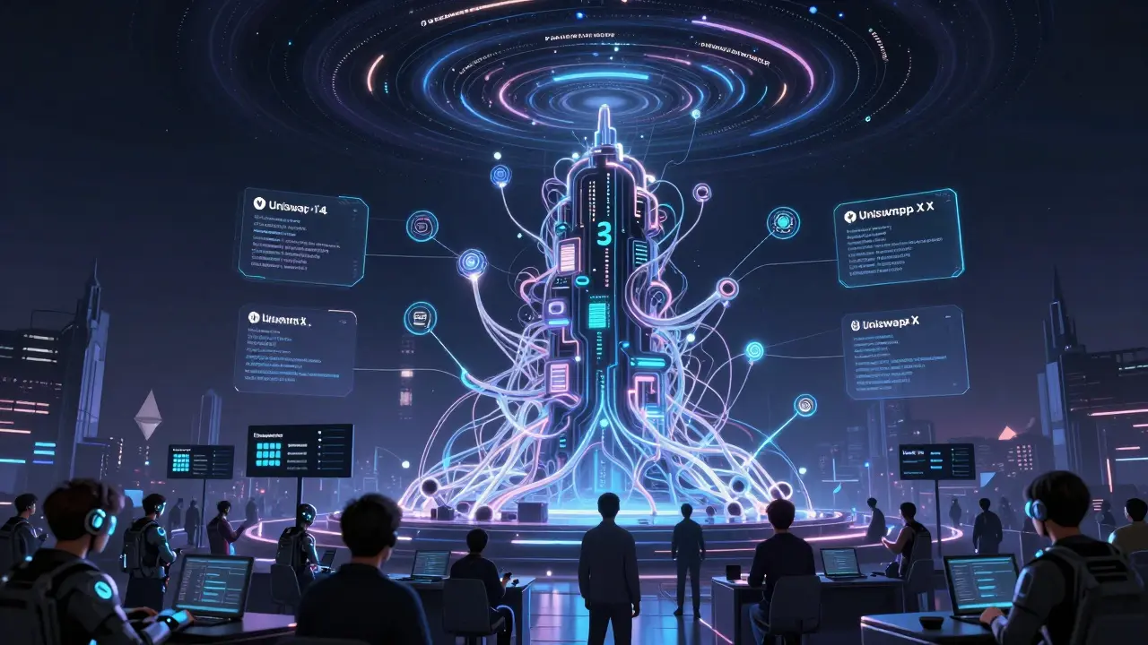 Fractal Uniswap v4 liquidity network with AI hooks and limit orders executing across chains