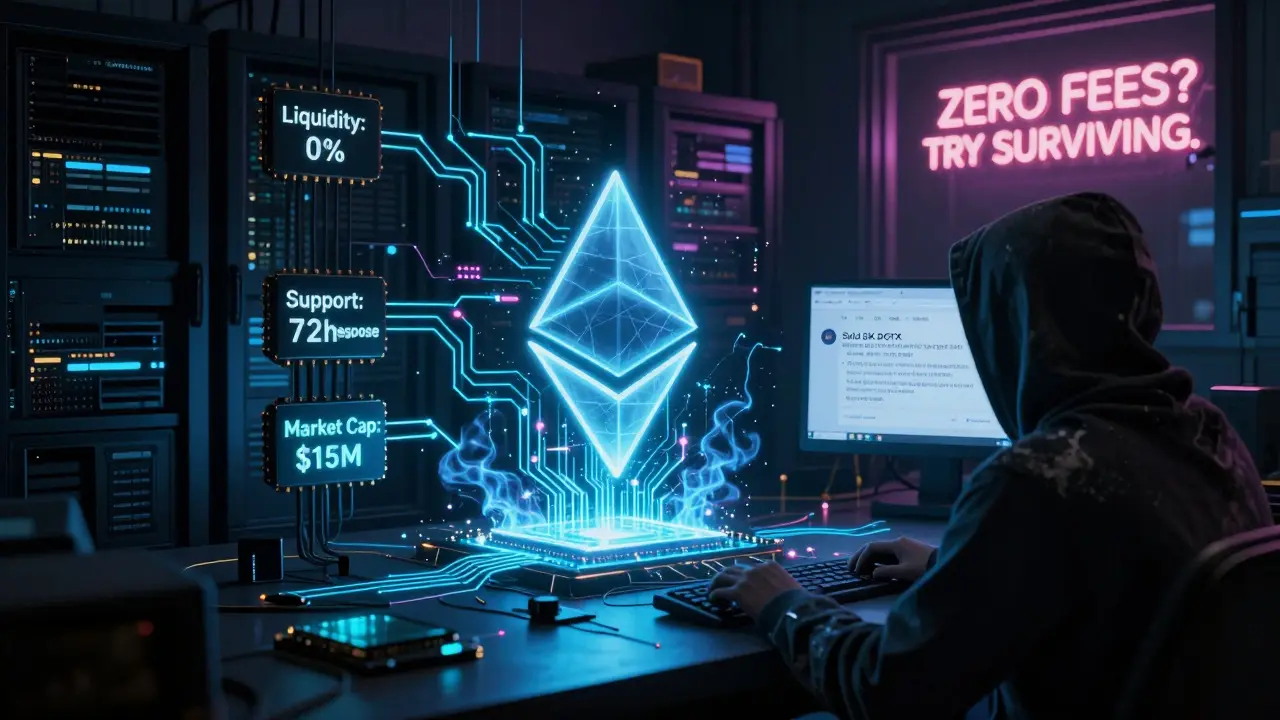 Fraying Ethereum smart contract in a dark server room, surrounded by data chips listing liquidity and support failures.