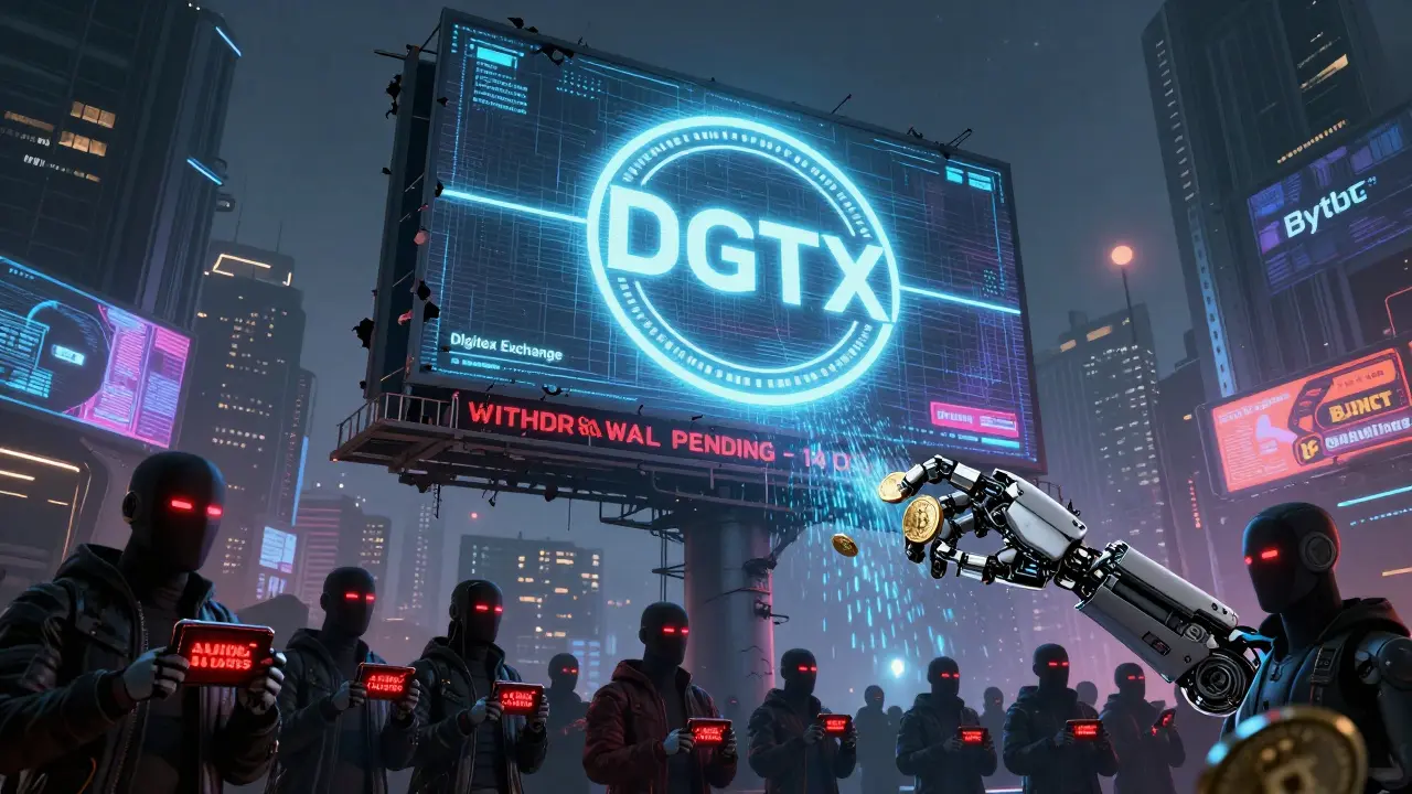 Glowing DGTX token on a crumbling billboard above a city of faceless traders, with red 'WITHDRAWAL PENDING' warnings.