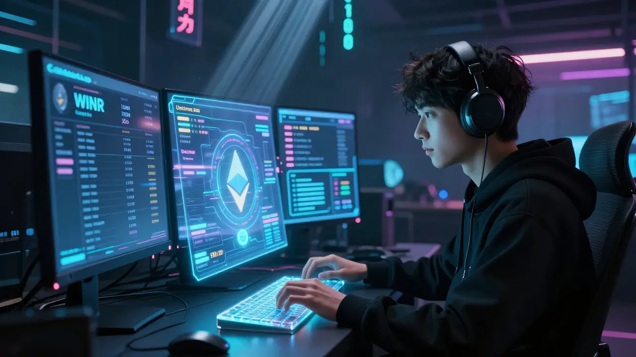 Hacker in a dim room with holographic screens showing CoinMarketCap, Twitter, and Telegram airdrop steps.