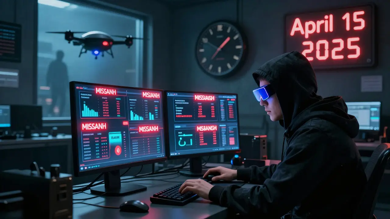 Hacker in augmented reality goggles reviewing crypto wallet mismatches on multi-screen terminal with IRS drone outside.