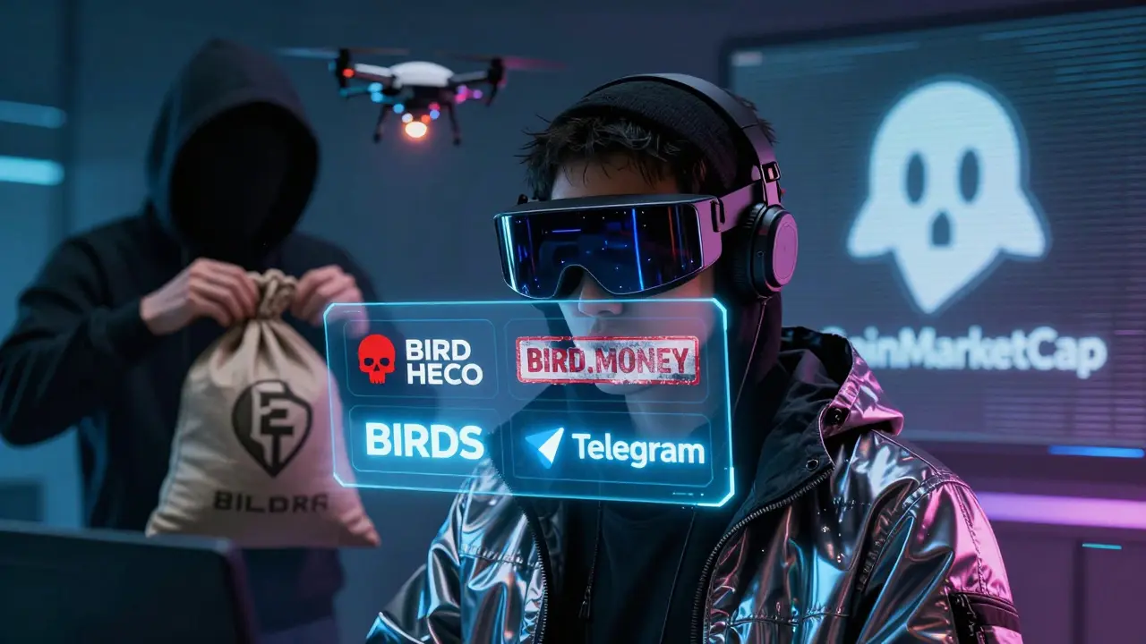 Hacker viewing three token logos on AR visor, shadowy figure handing stolen crypto to a drone.