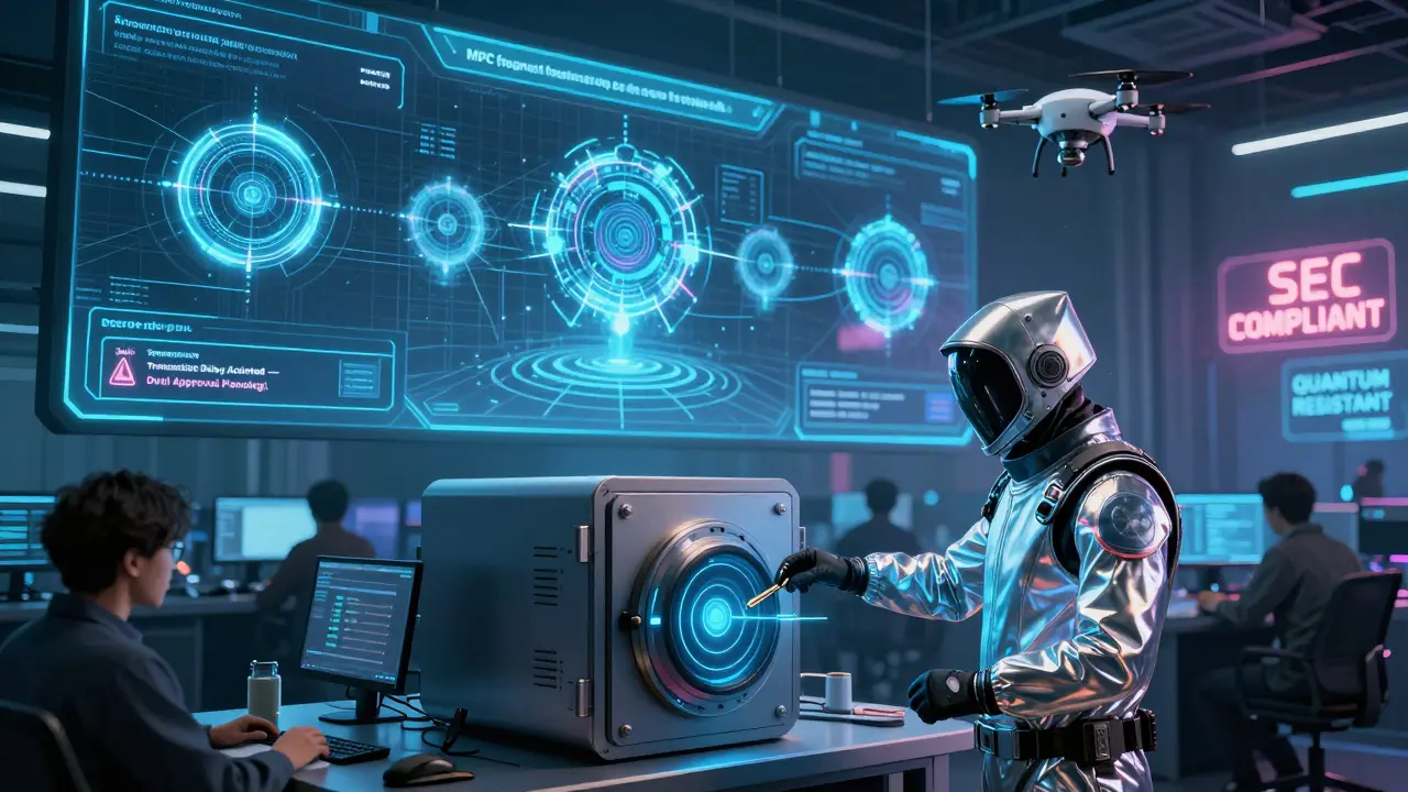 High-tech ops center with MPC fragments and transaction approval systems glowing in dark surroundings.