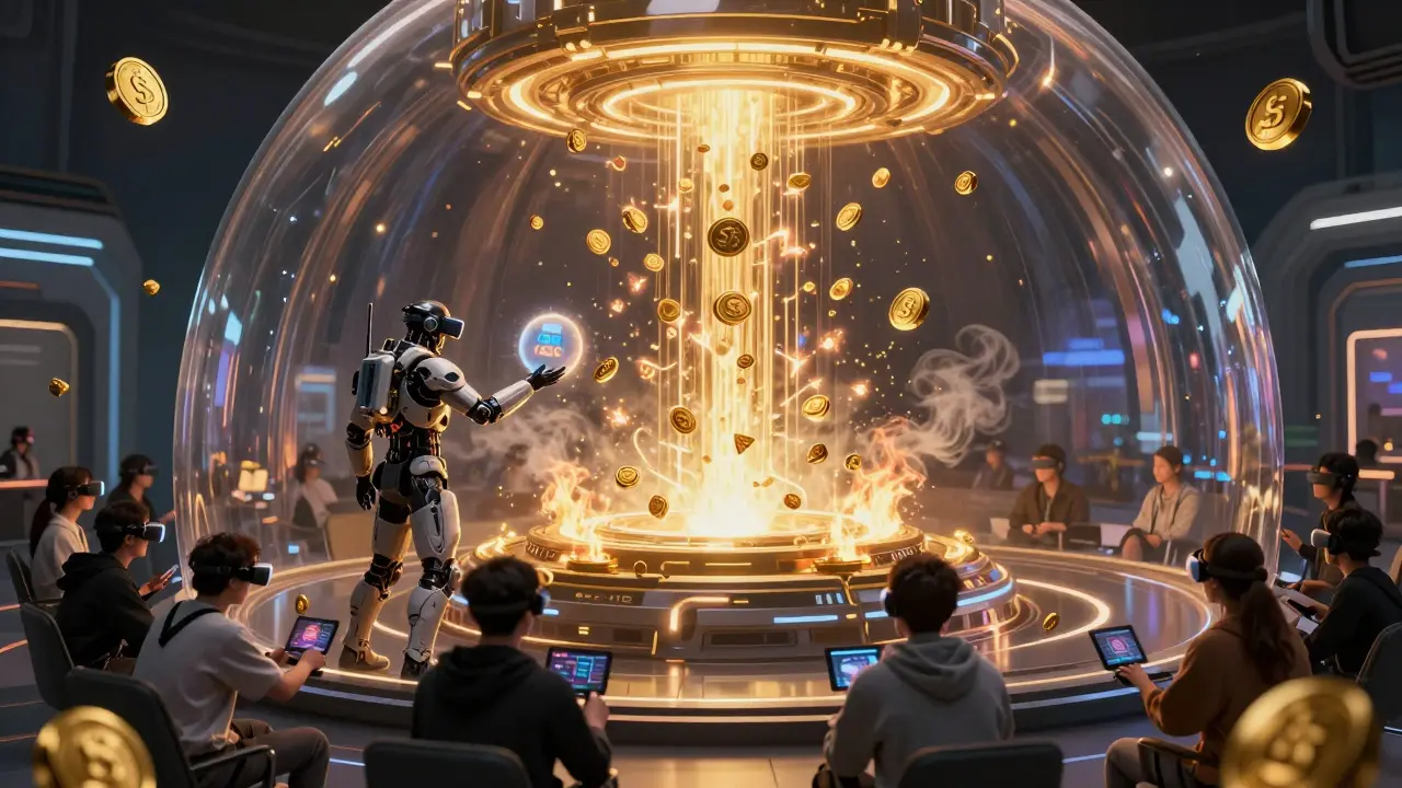 Holographic gaming hub where high-tier user receives allocation orbs amid burning token fragments.