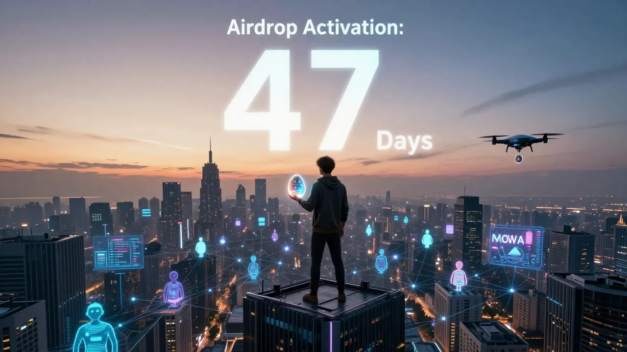 Lone player on skyscraper holding glowing pet egg as city lights form a web of connections.