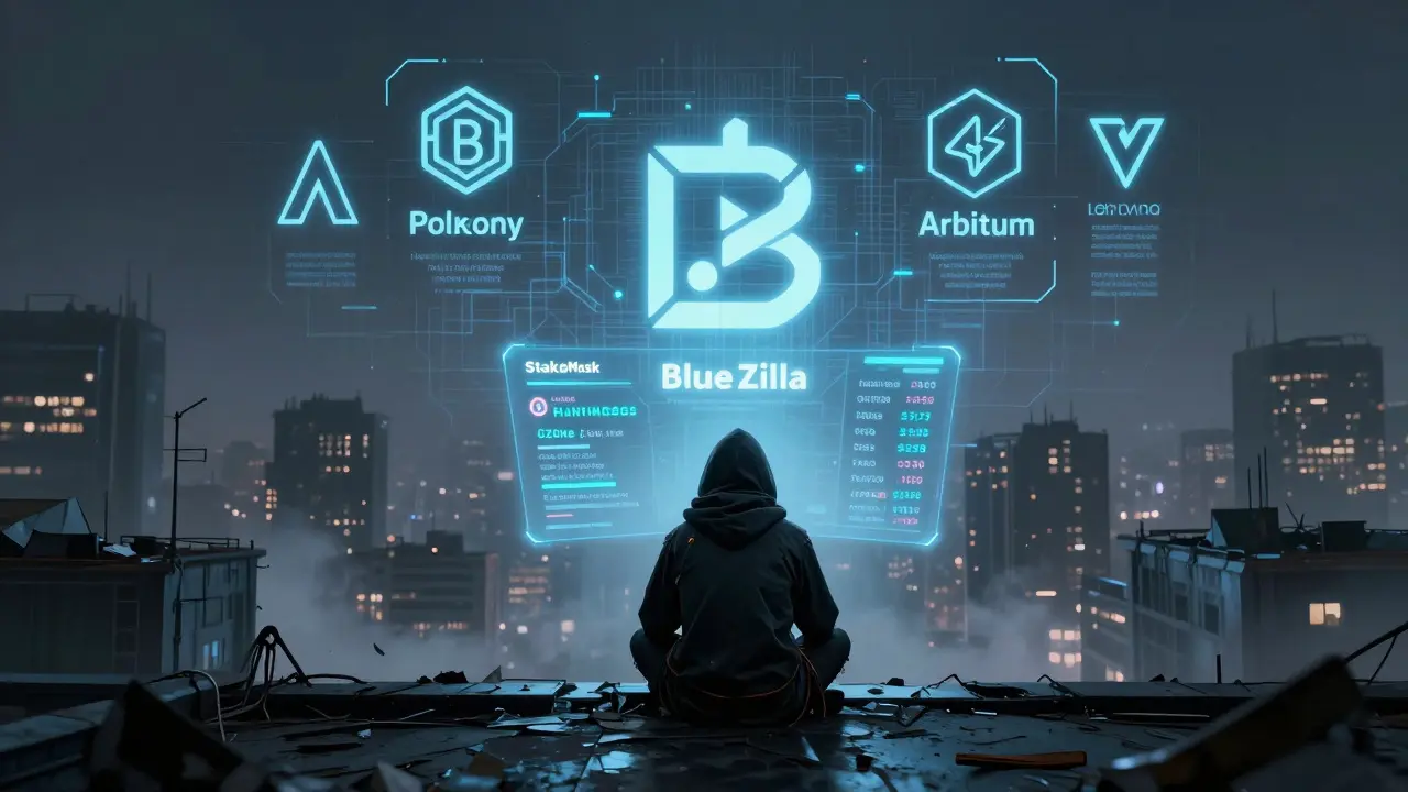 Lone staker on rooftop with glowing dashboard as GZONE rewards flow through city network.