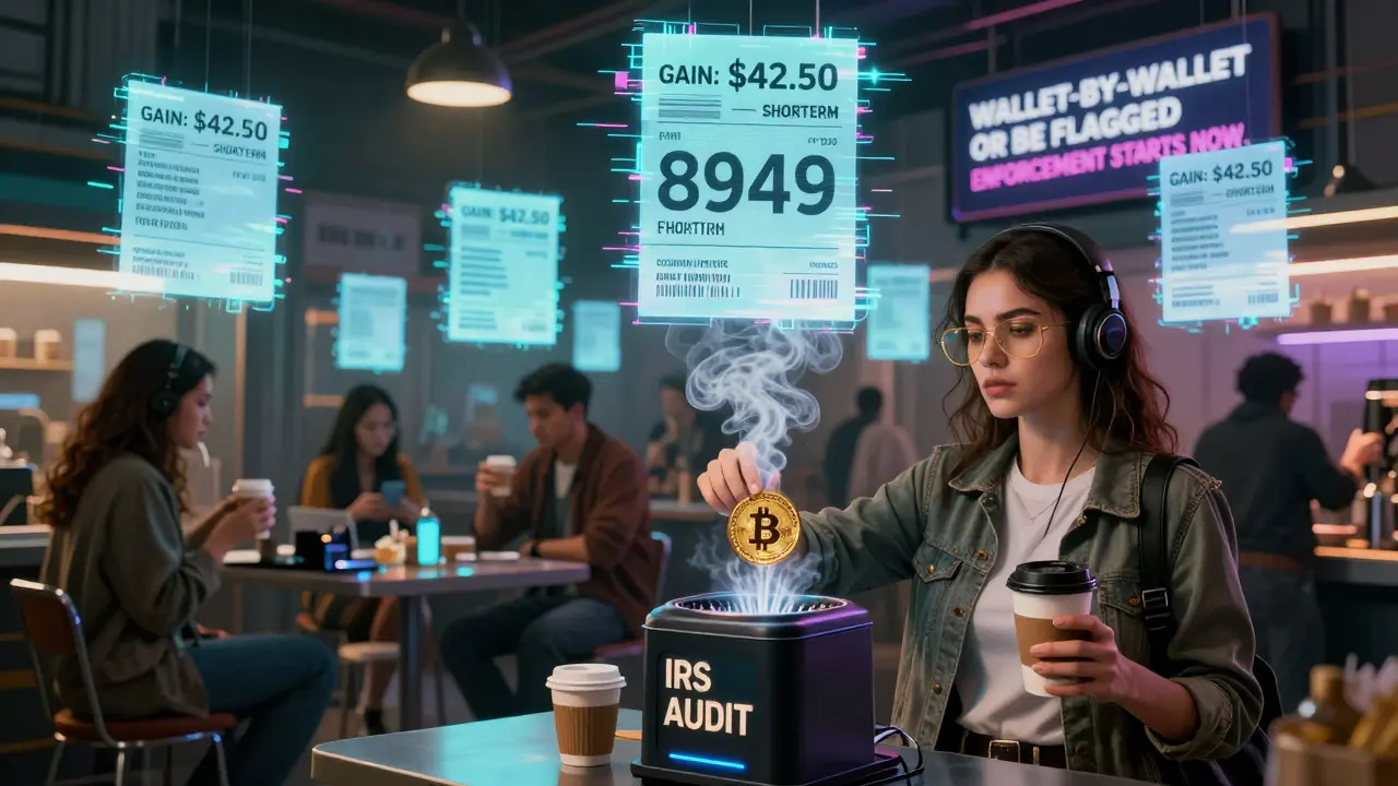Neon marketplace where crypto purchases display real-time tax gains, woman shredding Bitcoin as Form 8949 smoke rises.