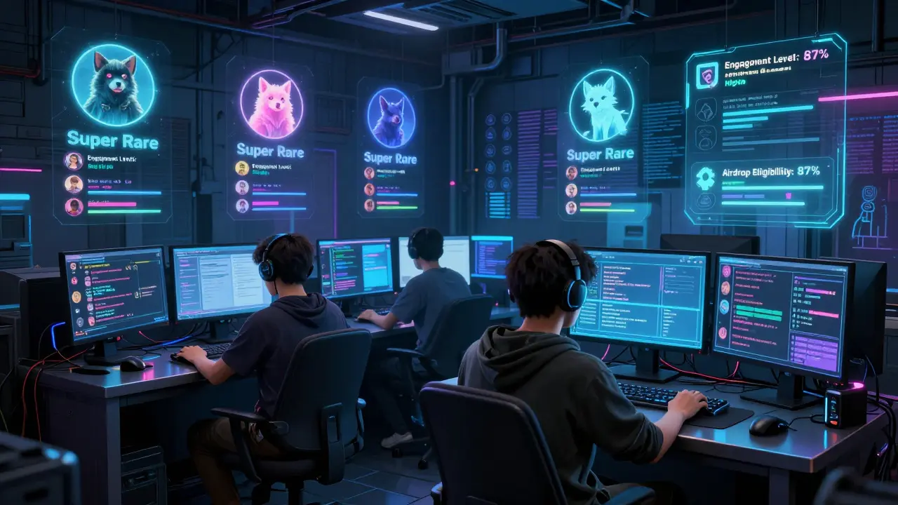 Players in neon alley monitoring live Telegram feeds with digital pet avatars above them.