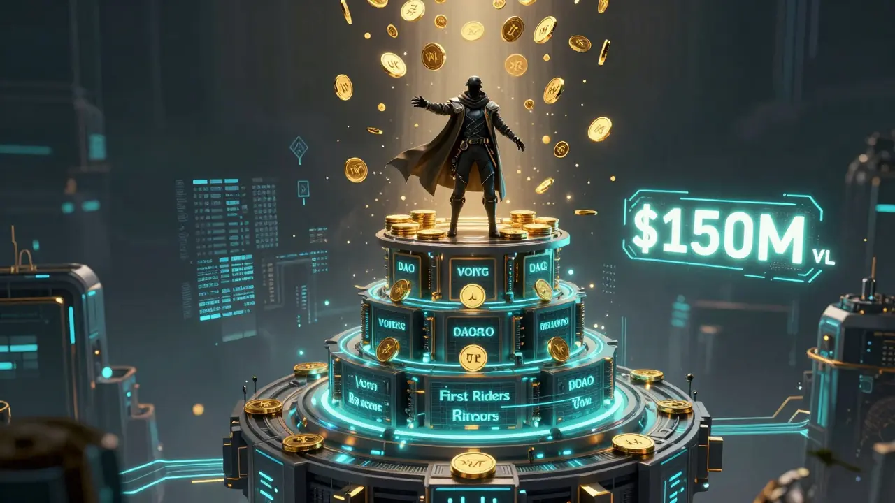 Rider surrounded by cascading WRT tokens and yield farming vaults in a digital metropolis.