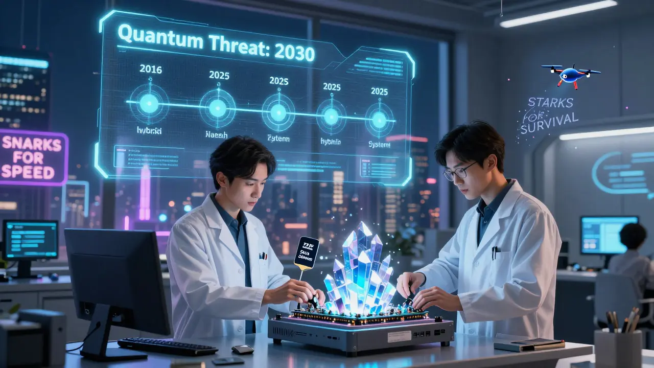 Scientists in a lab working on hybrid zk-SNARK and zk-STARK systems, with quantum threat timeline glowing above them.