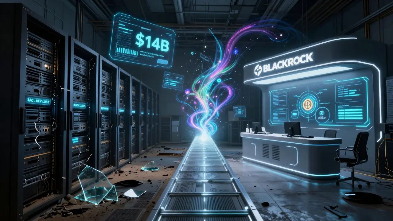 Split scene: abandoned crypto failure vs. secure institutional custody hub with quantum algorithms.