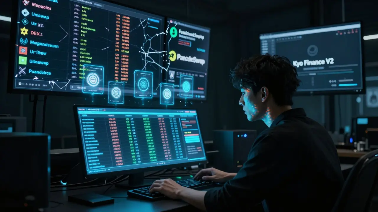 Trader surrounded by glowing credit points and unreachable airdrop tokens in a digital ecosystem hub.