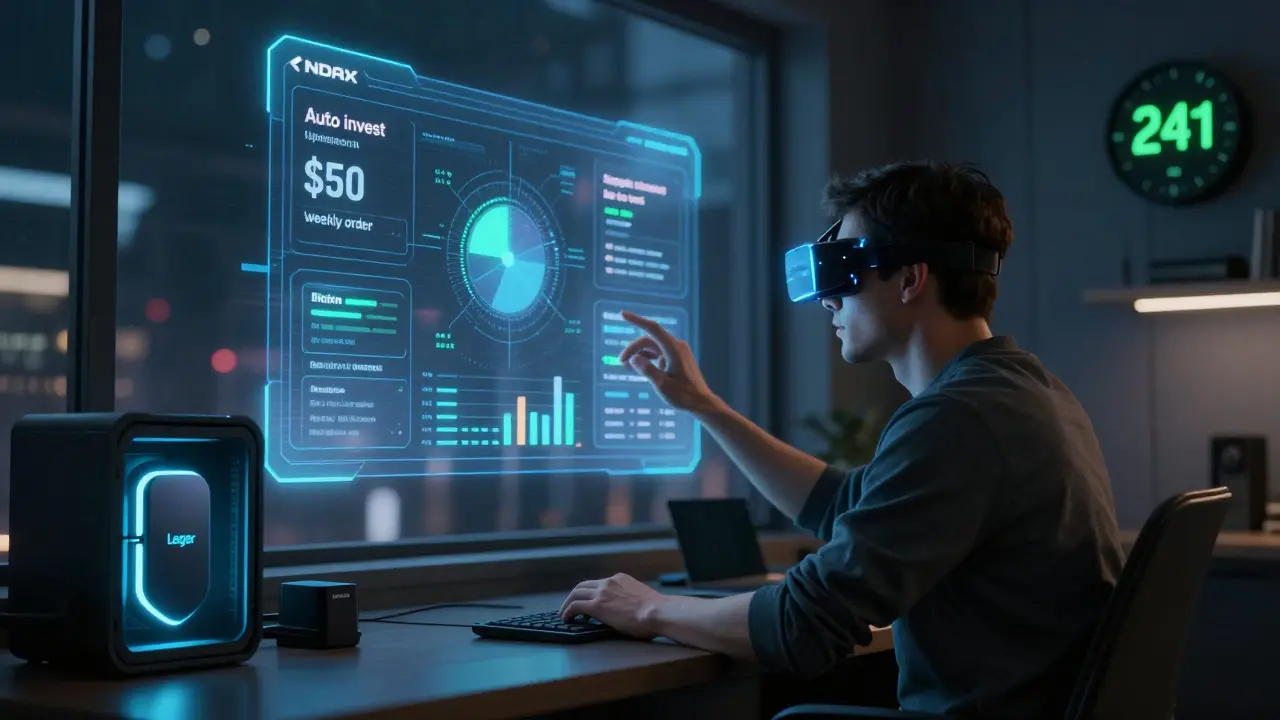 Trader using AR visor to place crypto orders, with NDAX mobile app hologram and hardware wallet in background.