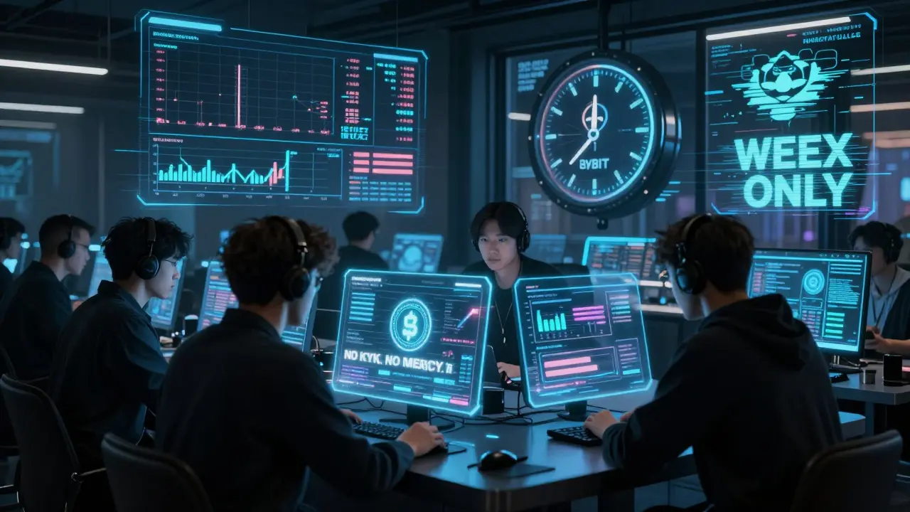 Traders in a hidden hub use holograms to execute 400x leverage trades under glowing WEEX warnings.