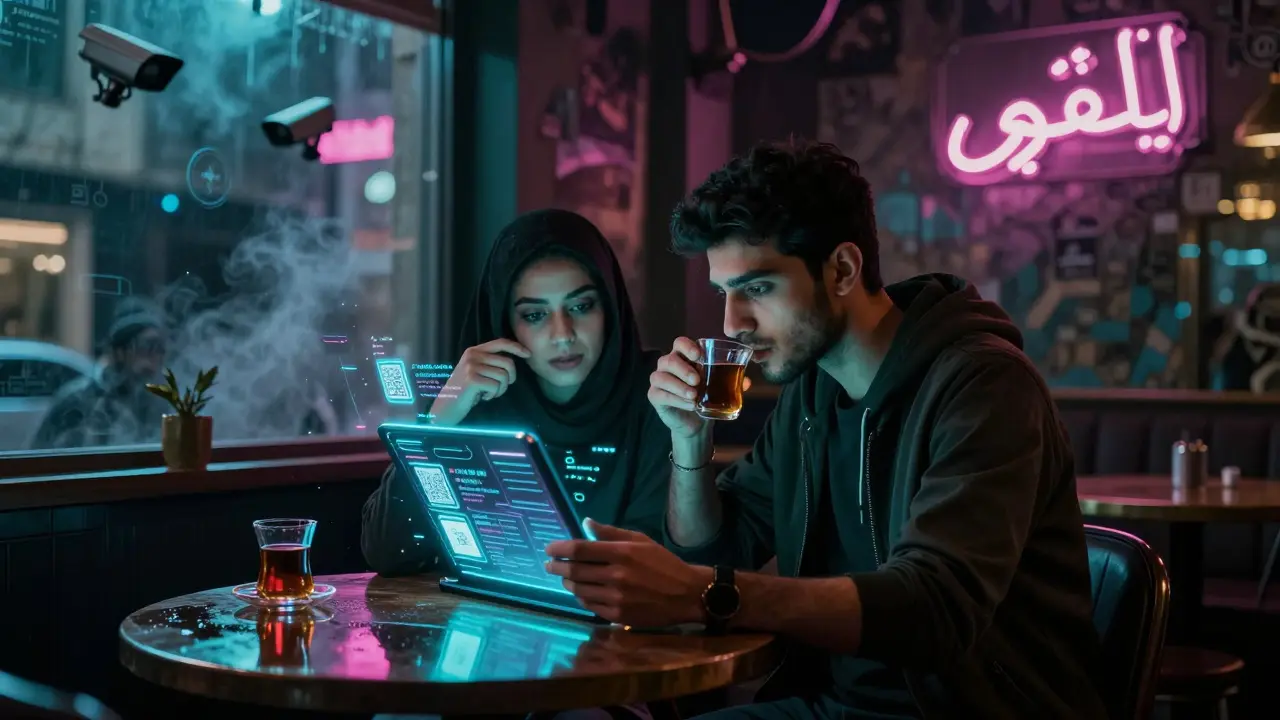 Two people in a cafe using holographic crypto interfaces, neon reflections on wet tables, hushed conversation.