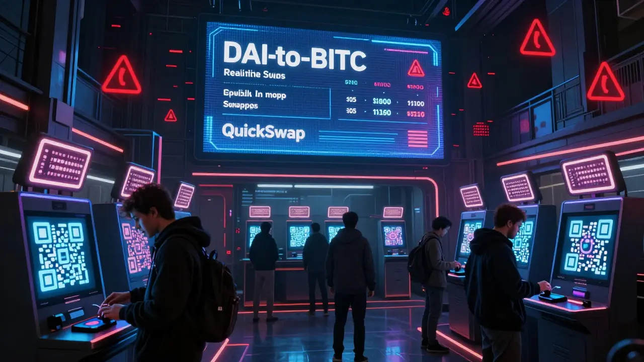 Underground crypto users trading DAI on Polygon via glowing terminals, surveillance threats fading in the background.