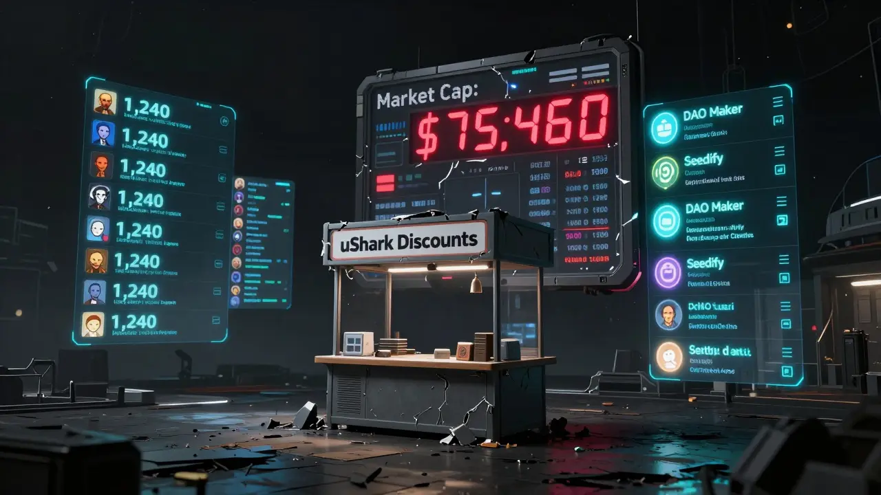 A barren digital marketplace with only 1,240 floating avatars around a crumbling uShark kiosk, while other tokens glow brightly nearby.