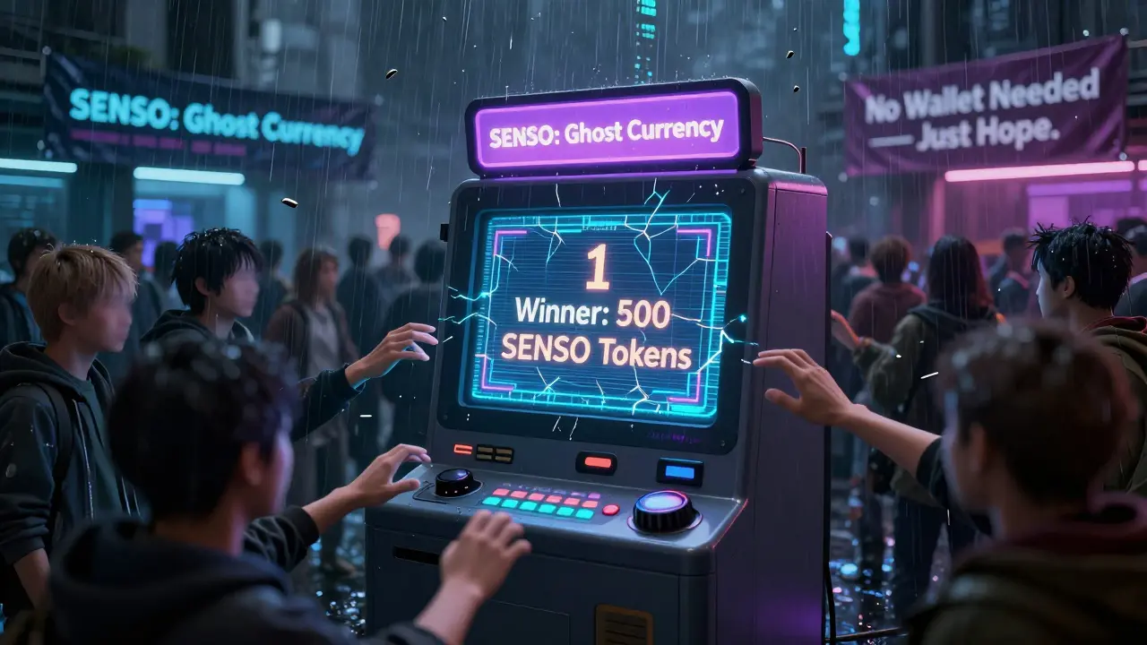 A broken digital lottery machine with '1 Winner: 500 SENSO' displayed as thousands of ghostly avatars reach out.