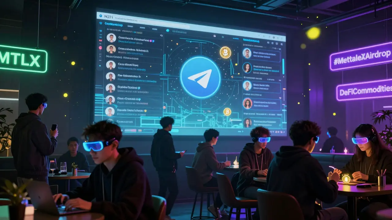 A crowded crypto lounge with holographic Telegram chat and MTLX tokens appearing as digital fireflies.