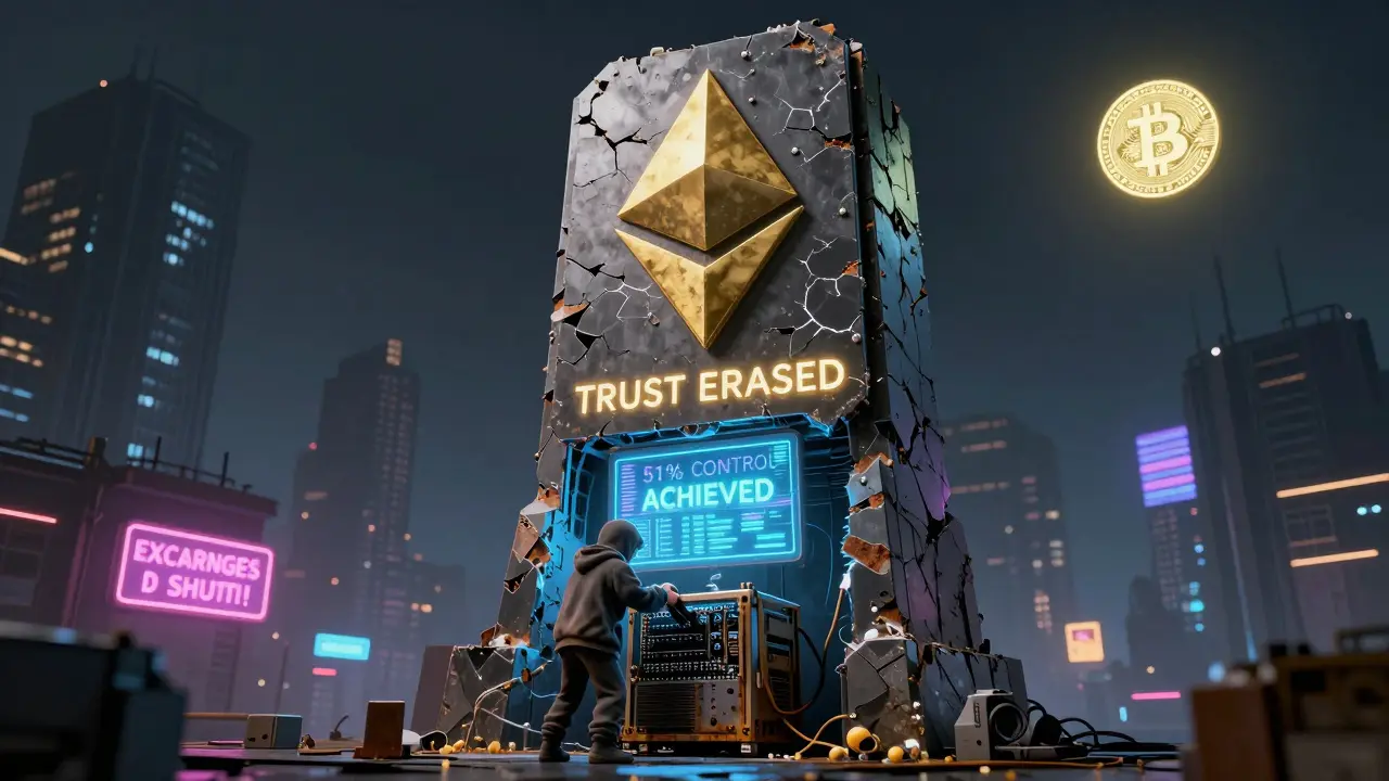 A crumbling blockchain monument flickers as a miner activates a rented 51% attack rig in a dystopian city.