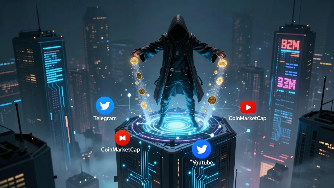 A cybernetic figure channels B2M tokens into a network of social and platform nodes under a glowing blockchain tower.