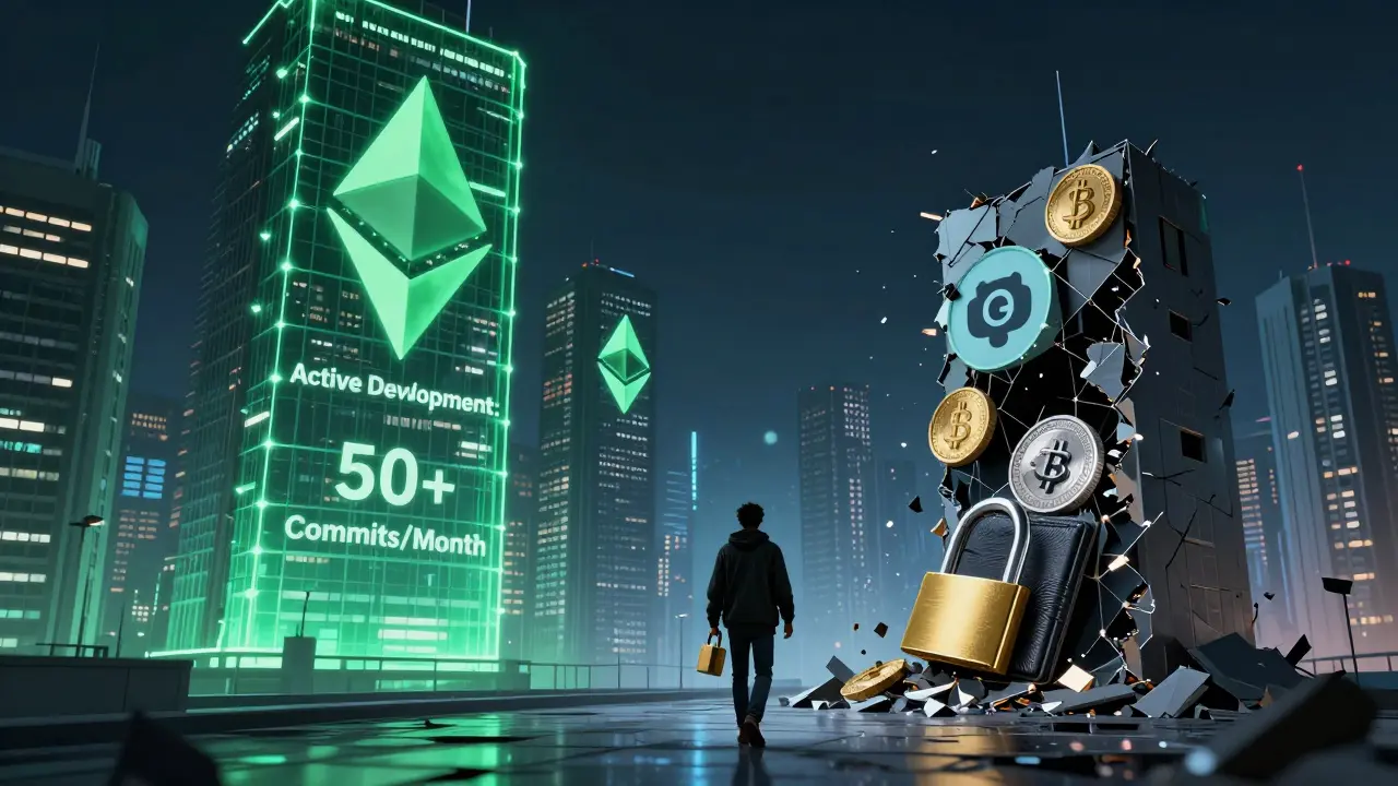 A cyberpunk city where blockchain towers glow green, while collapsed token structures crumble in the shadows.