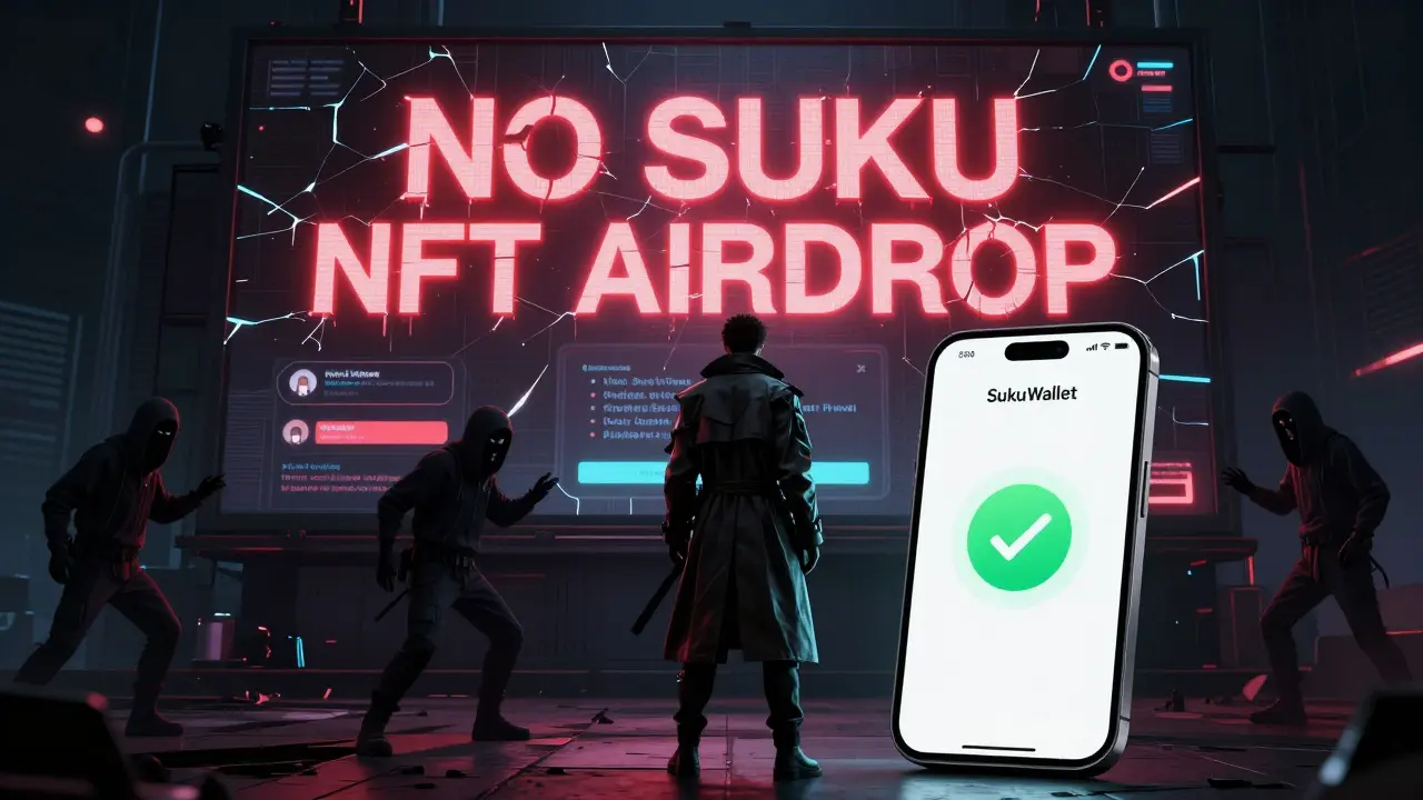 A figure stands before a flickering billboard that bans fake SUKU NFT airdrops, while a secure wallet glows safely in their hand.