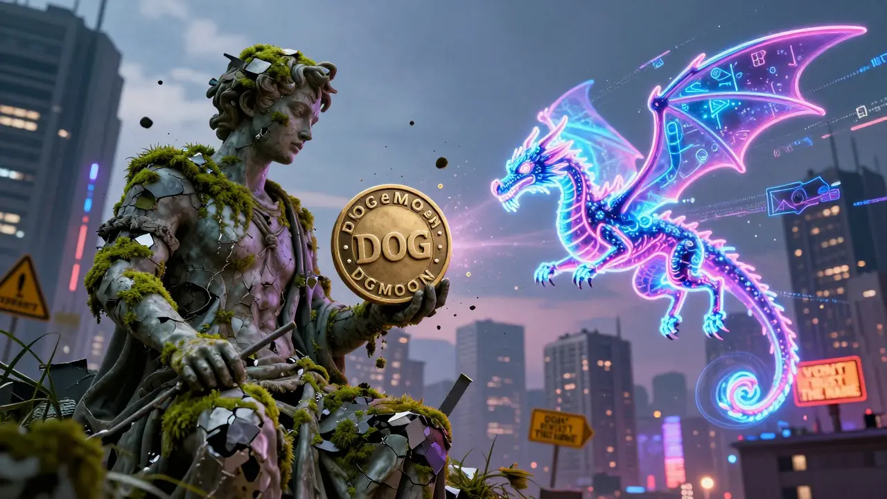 A frozen DogeMoon statue contrasts with a glowing DOG token dragon soaring through a neon city.